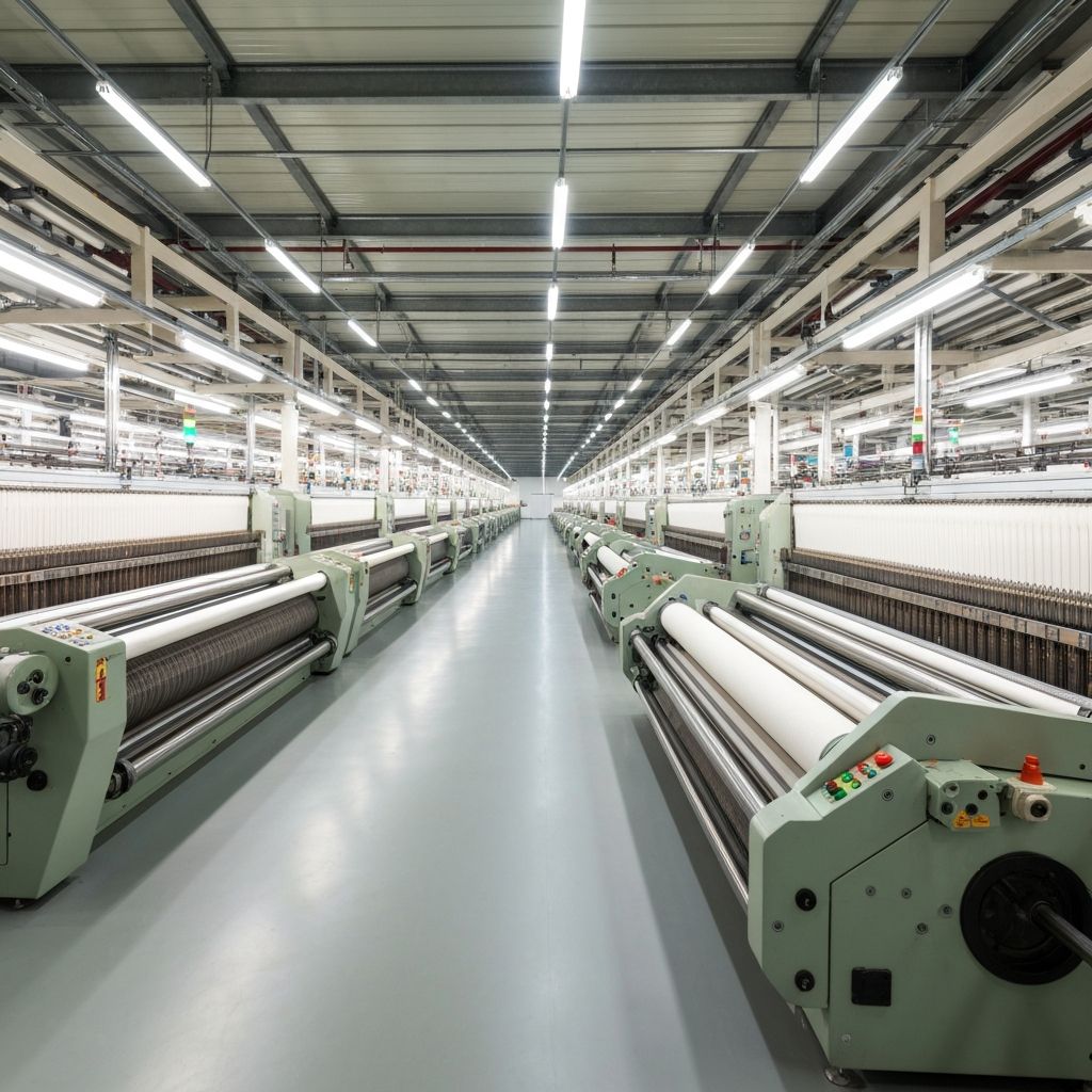 Modern textile manufacturing facility with advanced weaving machinery
