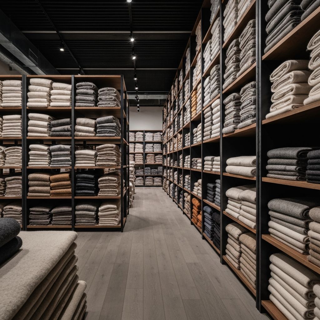 Luxury fabric warehouse with premium wool and cashmere textiles